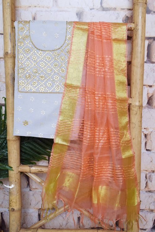 Grey Gota Patti Kota Set with Tissue Dupatta- SSEthnics – alternate view