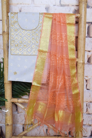 Grey Gota Patti Kota Set with Tissue Dupatta- SSEthnics – alternate view