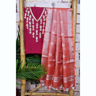 Maroon Peach Gota Patti Set with Tissue Linen Dupatta - SSEthnics