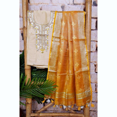 Beige-Yellow Gota Patti Set with Tissue-Linen Dupatta - SSEthnics