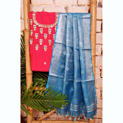 Pink-Blue Gota Patti Set with Tissue-Linen Dupatta - SSEthnics