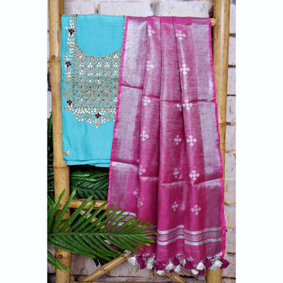 Blue-Pink Gota Patti Set with Tissue-Linen Dupatta - SSEthnics