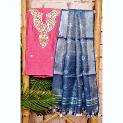 Pink-Blue Gota Patti Set with Tissue-Linen Dupatta - SSEthnics
