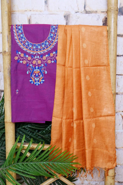 Purple Cotton Embroidered Customised Suit Set