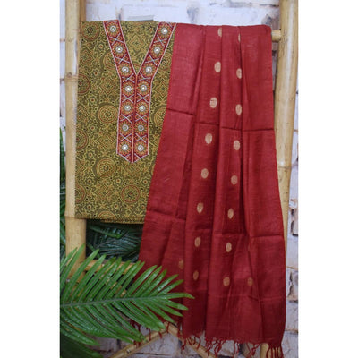 Green Ajrakh Cotton Embroidered Customised Set - SSEthnics