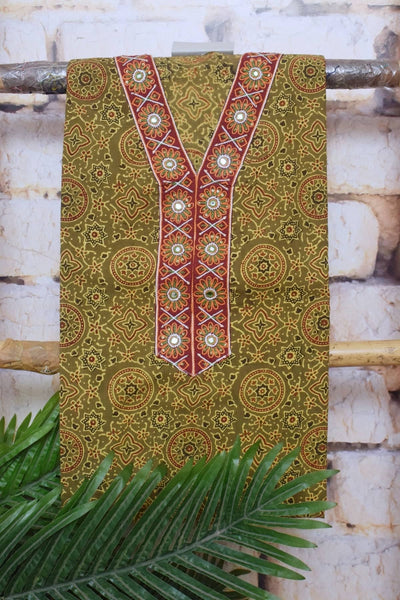 Green Ajrakh Cotton Embroidered Customised Set - SSEthnics