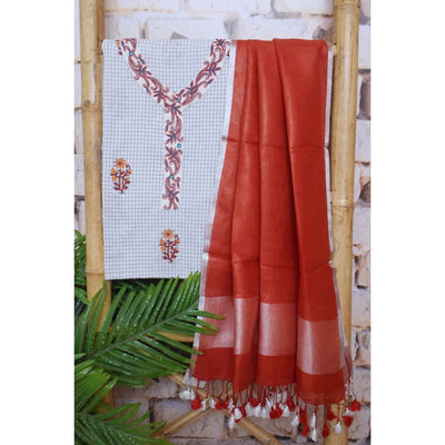 White Cotton Block Print Embroidered Customised Set - SSEthnics