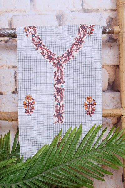 White Cotton Block Print Embroidered Customised Set - SSEthnics