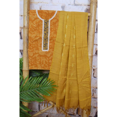 Mustard Dabu Cotton Embroidered Customised Set - SSEthnics