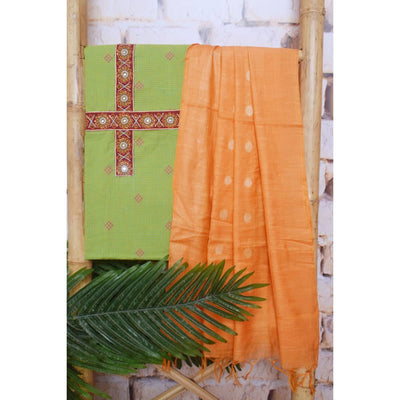 Green Cotton Embroidered Customised Set - SSEthnics