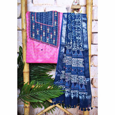 Light Pink Indigo Cotton Silk Customised Set - SSEthnics