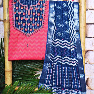 Carrot Red Indigo Cotton Silk Customised Set - SSEthnics