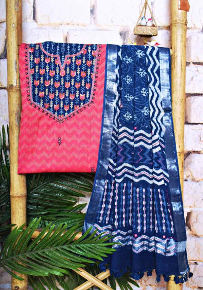 Carrot Red Indigo Cotton Silk Customised Set - SSEthnics