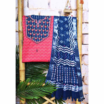 Carrot Red Indigo Cotton Silk Customised Set - SSEthnics