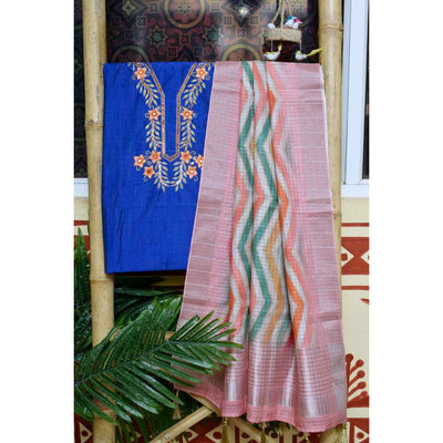 Blue Cotton SIlk Hand Embroidered Banarasi Dupatta Set - SSEthnics