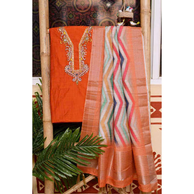 Orange Cotton SIlk Hand Embroidered Banarasi Dupatta Set - SSEthnics