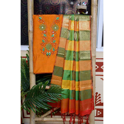 Orange Cotton SIlk Hand Embroidered Banarasi Dupatta Set - SSEthnics