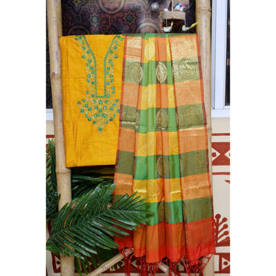 Yellow Cotton SIlk Hand Embroidered Banarasi Dupatta Set - SSEthnics