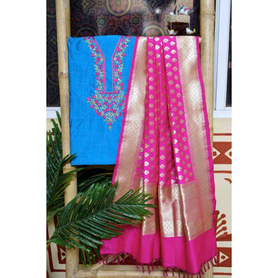 Blue Cotton SIlk Hand Embroidered Banarasi Dupatta Set - SSEthnics