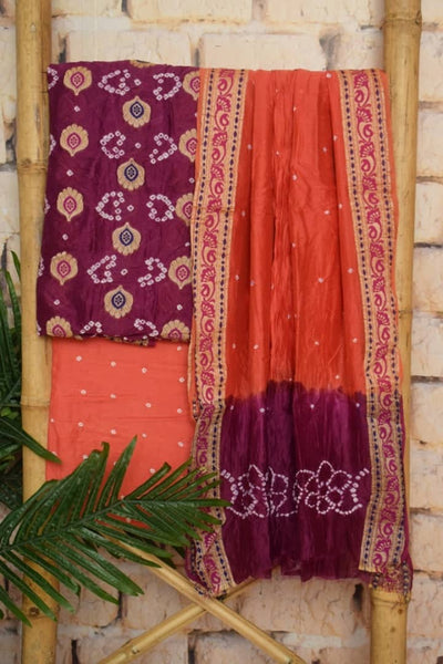 Purple Gadwal Silk Bandhani Dress Material - SSEthnics