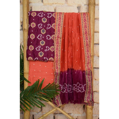 Purple Gadwal Silk Bandhani Dress Material - SSEthnics