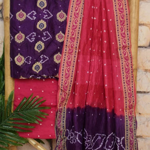Purple Gadwal Silk Bandhani Dress Material - SSEthnics