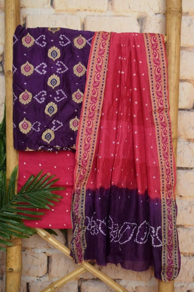 Purple Gadwal Silk Bandhani Dress Material - SSEthnics