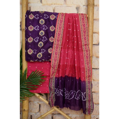 Purple Gadwal Silk Bandhani Dress Material - SSEthnics