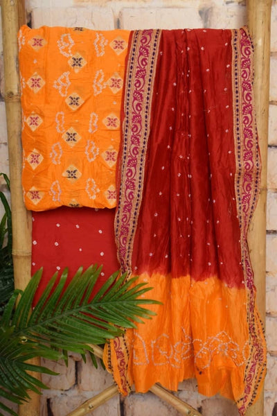 Yellow Gadwal Silk Bandhani Dress Material - SSEthnics