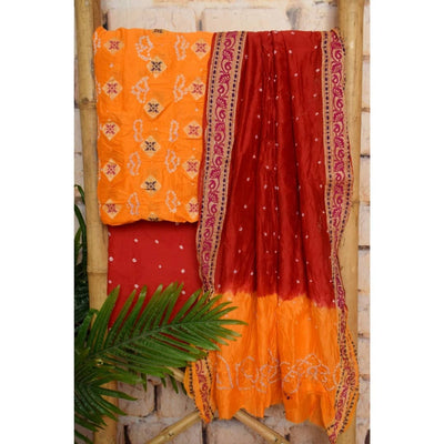 Yellow Gadwal Silk Bandhani Dress Material - SSEthnics