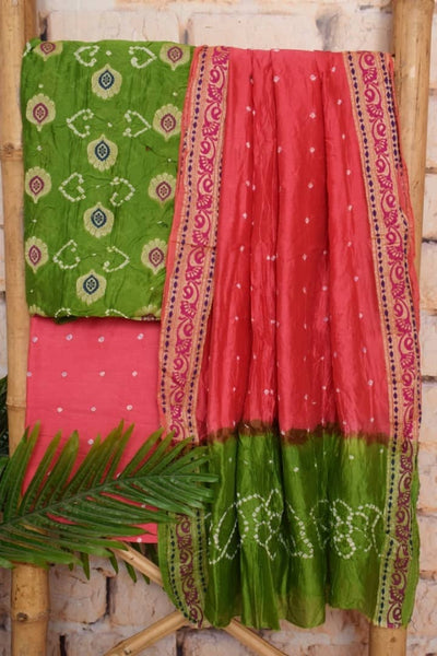 Green Gadwal Silk Bandhani Dress Material - SSEthnics
