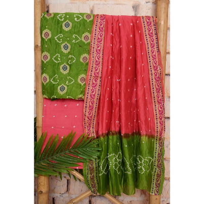 Green Gadwal Silk Bandhani Dress Material - SSEthnics