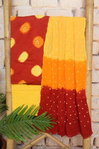 Rust Red Cotton Bandhani Suit - SSEthnics