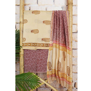 Cream Chanderi Silk Handblock Print Unstitched Suit - SSEthnics