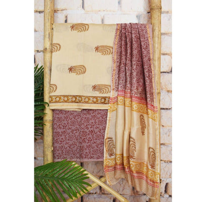 Cream Chanderi Silk Handblock Print Unstitched Suit - SSEthnics