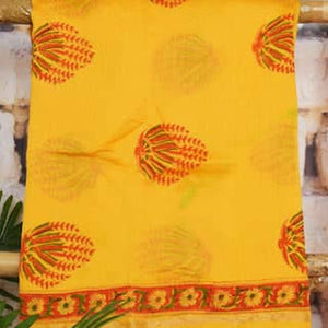 Yellow Chanderi Silk Handblock Print Unstitched Suit - SSEthnics