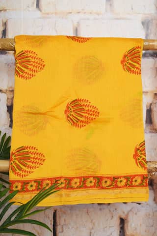 Yellow Chanderi Silk Handblock Print Unstitched Suit - SSEthnics