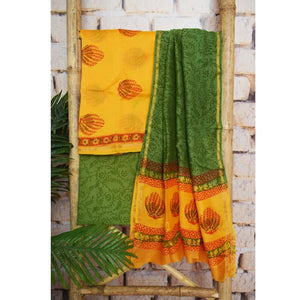 Yellow Chanderi Silk Handblock Print Unstitched Suit - SSEthnics