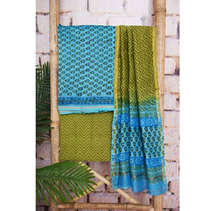 Blue Chanderi Silk Handblock Print Unstitched Suit - SSEthnics