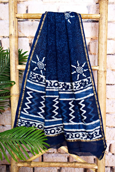 Blue Chanderi Silk Indigo Unstitched Suit - SSEthnics