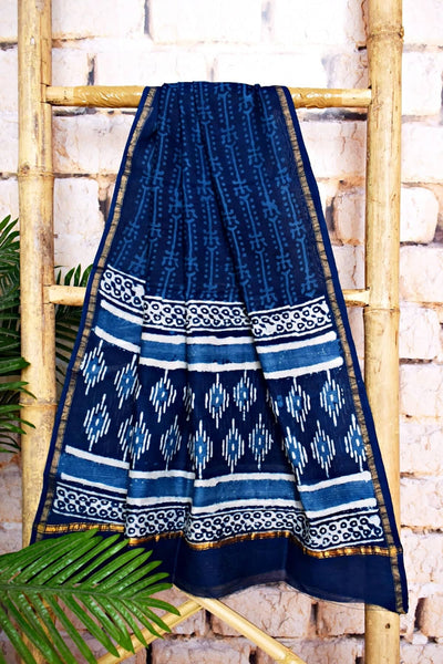 Blue Chanderi Silk Indigo Unstitched Suit - SSEthnics