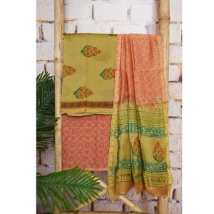 Mustard Yellow Chanderi Silk Handblock Print Unstitched Suit - SSEthnics