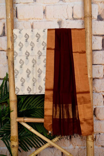 Cream Handloom Maheshwari Silk Set with Handblock Print - SSEthnics