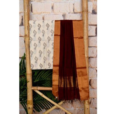 Cream Handloom Maheshwari Silk Set with Handblock Print - SSEthnics