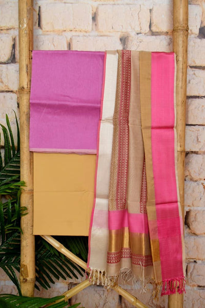 Pink Handloom Maheshwari Silk Set - SSEthnics
