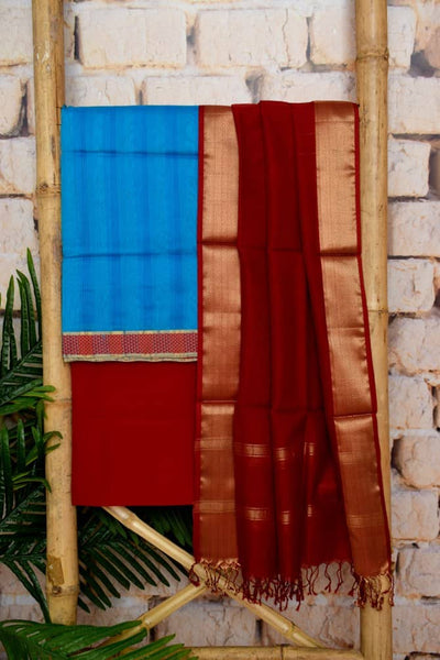 Blue Handloom Maheshwari Silk Set - SSEthnics