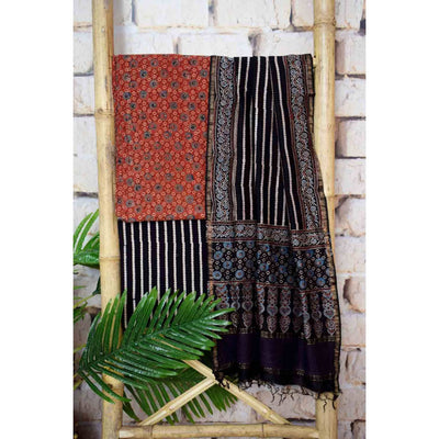 Madder Ajrakh Triple Block Cotton Suit with Maheshwari Dupatta - SSEthnics
