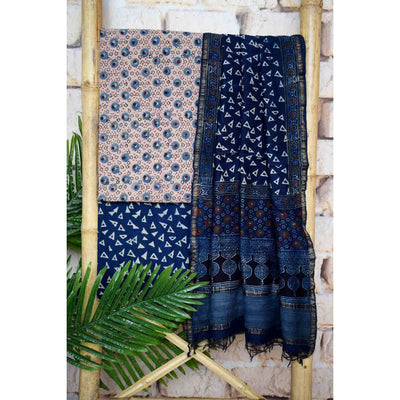 White Ajrakh Triple Block Cotton Suit with Maheshwari Dupatta - SSEthnics