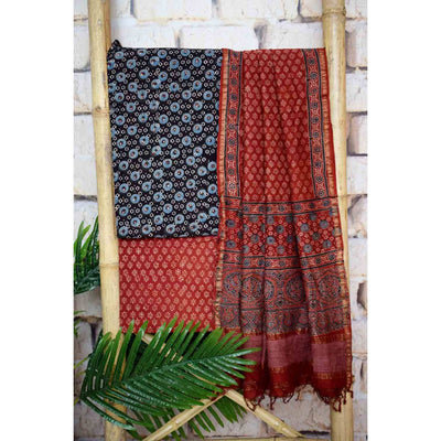 Black Ajrakh Triple Block Cotton Suit with Maheshwari Dupatta - SSEthnics
