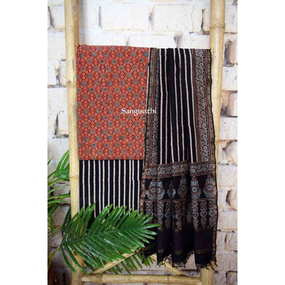 Madder Ajrakh Triple Block Cotton Suit with Maheshwari Dupatta - SSEthnics
